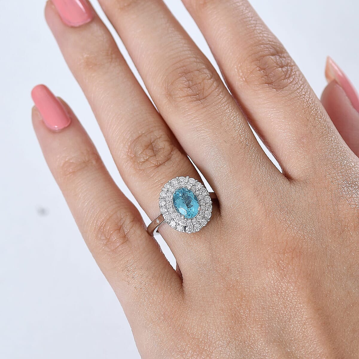 Certified & Appraised D'Joy Premium Paraiba Apatite, Moissanite Ring in Rhodium Over Sterling Silver (Size 10.0) 2.10 ctw image number 2