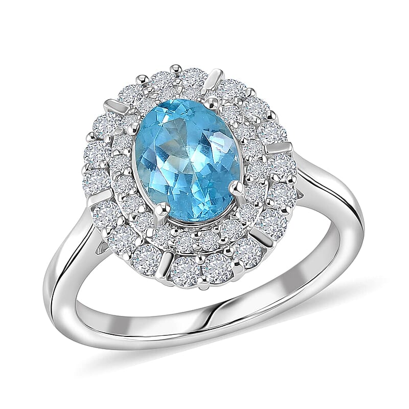 Certified & Appraised D'Joy Premium Paraiba Apatite and Moissanite 2.10 ctw Ring in Rhodium Over Sterling Silver (Size 6.0)