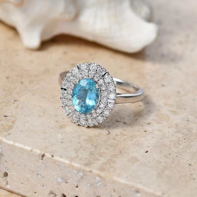 Certified & Appraised D'Joy Premium Paraiba Apatite and Moissanite 2.10 ctw Ring in Rhodium Over Sterling Silver (Size 6.0)