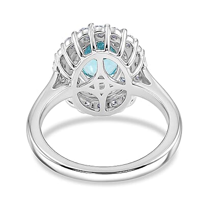 Certified & Appraised D'Joy Premium Paraiba Apatite and Moissanite 2.10 ctw Ring in Rhodium Over Sterling Silver (Size 6.0)