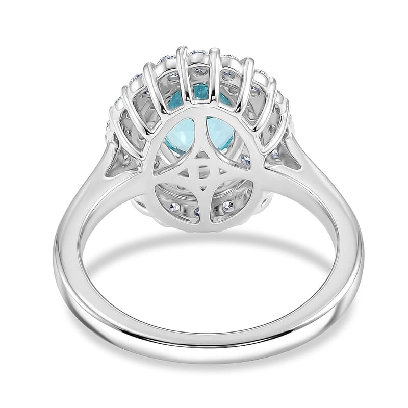 Certified & Appraised D'Joy Premium Paraiba Apatite and Moissanite 2.10 ctw Ring in Rhodium Over Sterling Silver (Size 6.0)