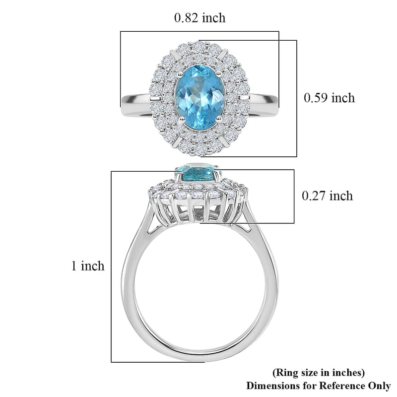 Certified & Appraised D'Joy Premium Paraiba Apatite and Moissanite 2.10 ctw Ring in Rhodium Over Sterling Silver (Size 6.0)