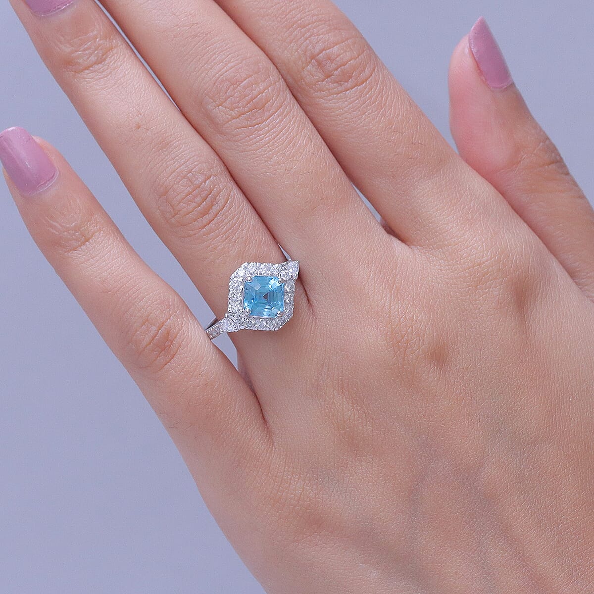AAA Cambodian Blue Zircon and Luxuriant Lab Grown Diamond G-H SI 3.63 ctw Ring in 10K White Gold (Size 6.0) image number 2