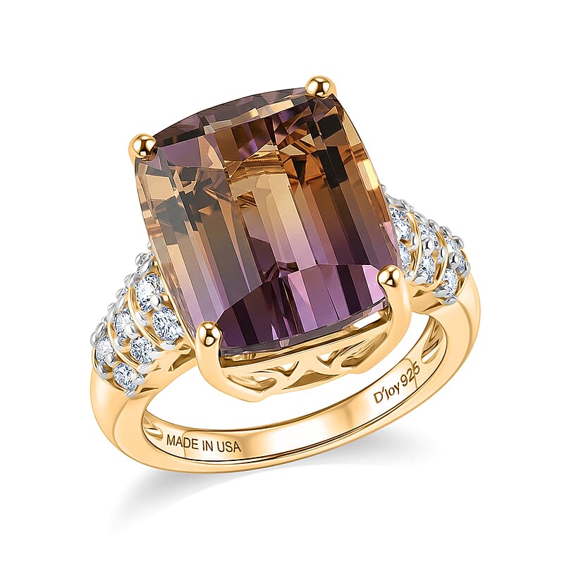 Certified & Appraised D'Joy Cushion Roll Top Cut Premium Anahi Ametrine and Moissanite 10.25 ctw Ring in 18K Vermeil Yellow Gold Over Sterling Silver (Size 10.0)