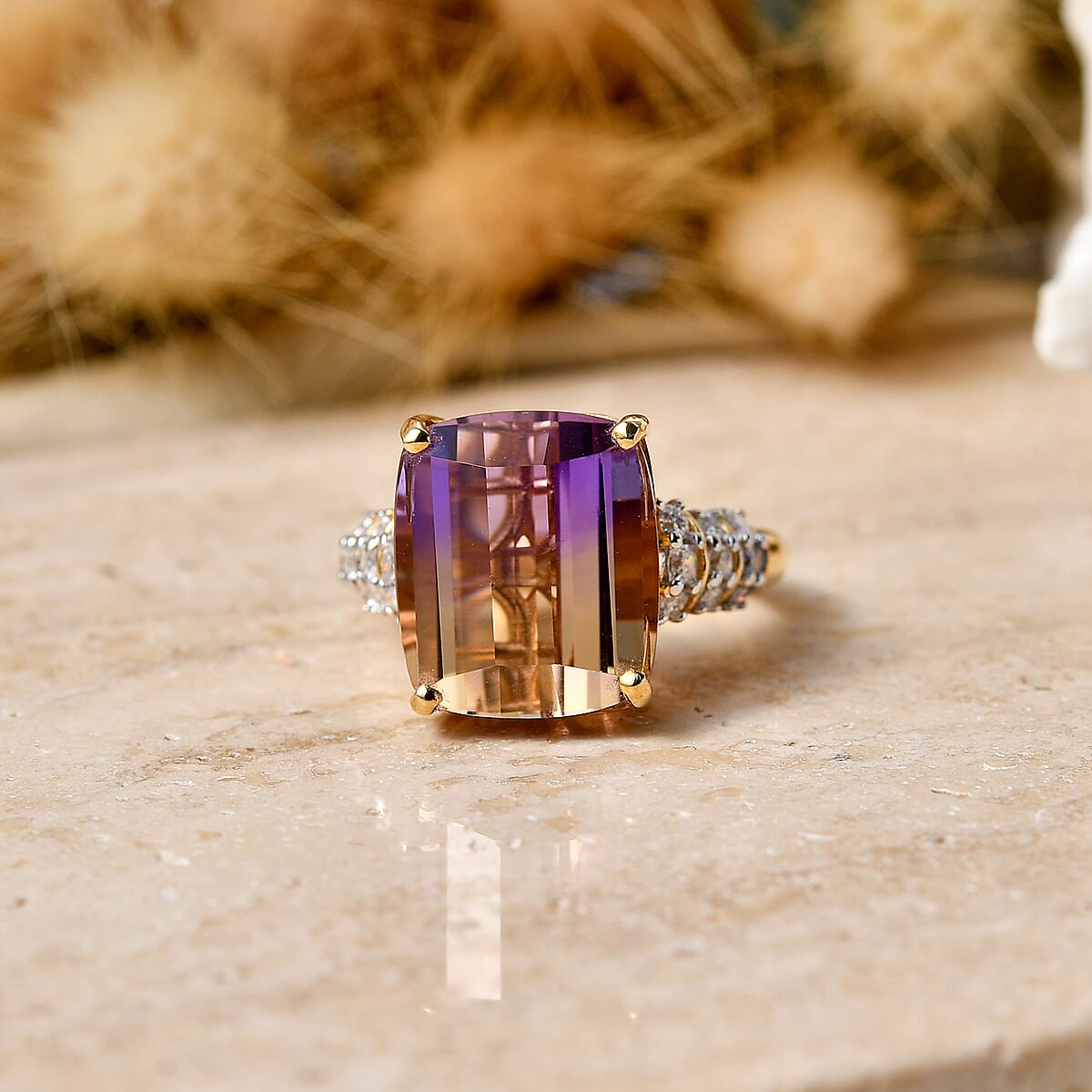 Certified & Appraised D'Joy Cushion Roll Top Cut Premium Anahi Ametrine and Moissanite 10.25 ctw Ring in 18K Vermeil Yellow Gold Over Sterling Silver (Size 10.0) image number 1