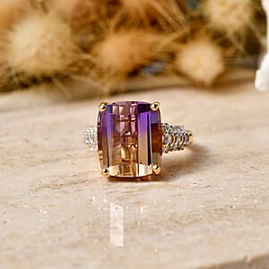 Certified & Appraised D'Joy Cushion Roll Top Cut Premium Anahi Ametrine and Moissanite 10.25 ctw Ring in 18K Vermeil Yellow Gold Over Sterling Silver (Size 10.0)
