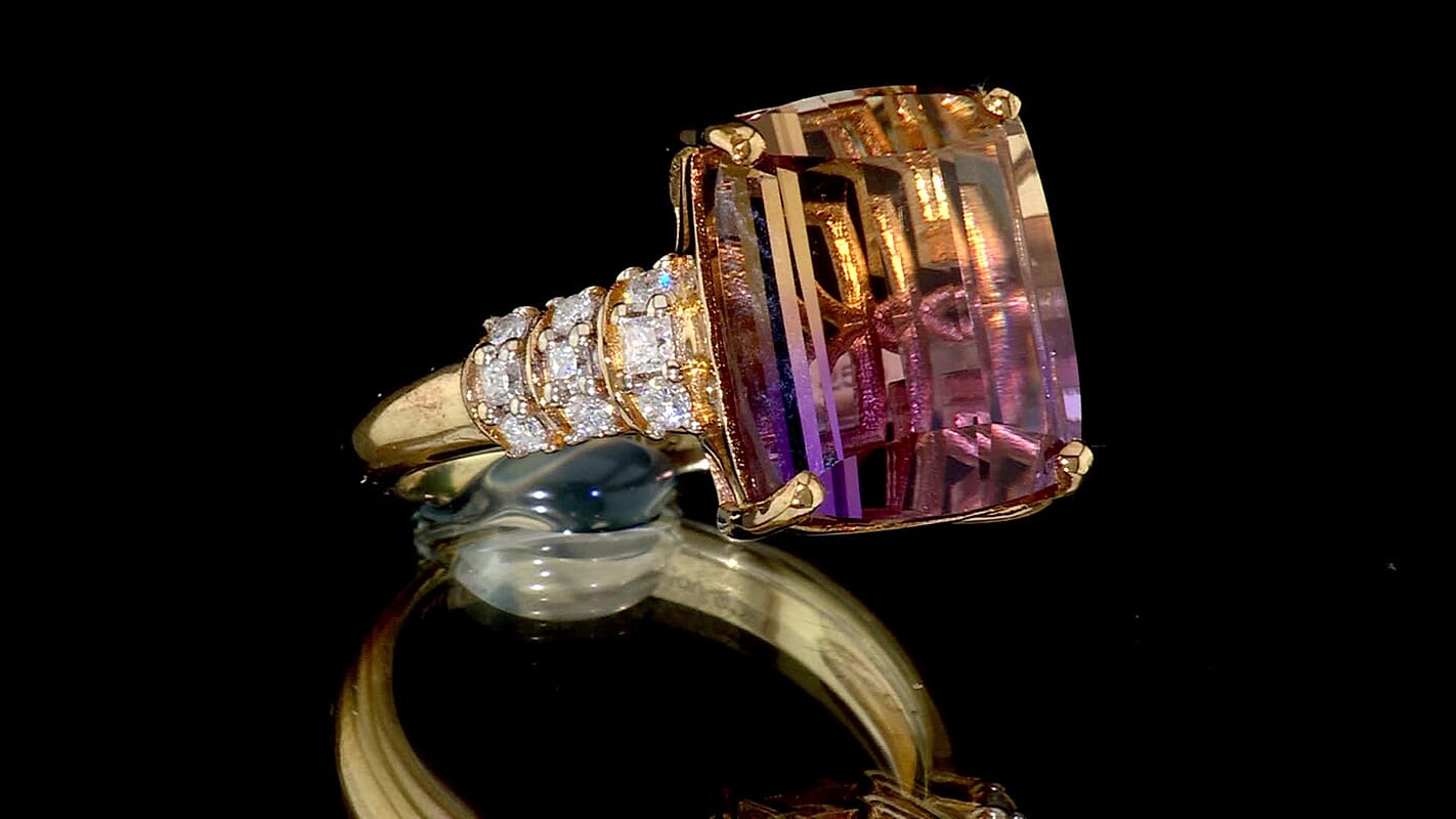 Certified & Appraised D'Joy Cushion Roll Top Cut Premium Anahi Ametrine, Moissanite Ring in 18K Vermeil YG Over Sterling Silver (Size 10.0) 10.25 ctw