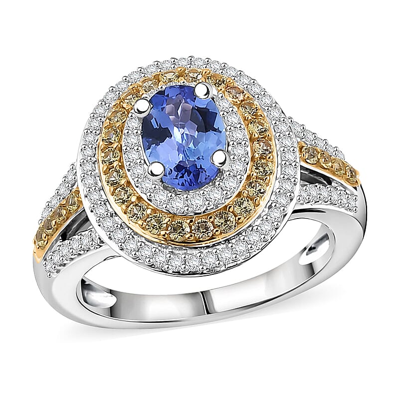 D'Joy Tanzanite and Multi Gemstone 1.70 ctw Nature Luxe Halo Ring in 18K Vermeil Yellow Gold and Rhodium Over Sterling Silver (Size 6.0)