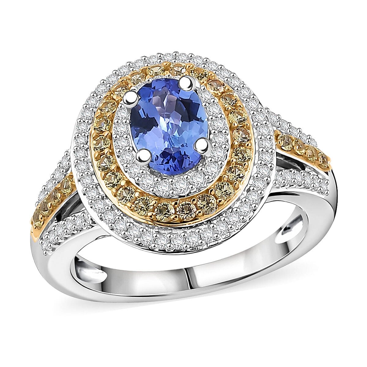 D'Joy Tanzanite, Multi Gemstone Nature Luxe Halo Ring in 18K Vermeil YG and Rhodium Over Sterling Silver (Size 6.0) 1.50 ctw