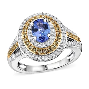 D'Joy Tanzanite and Multi Gemstone 1.70 ctw Nature Luxe Halo Ring in 18K Vermeil Yellow Gold and Rhodium Over Sterling Silver (Size 7.0)