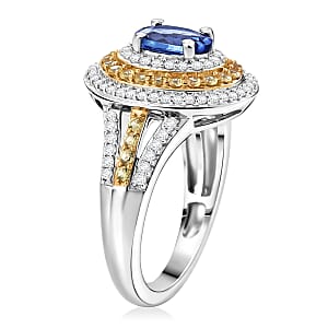 D'Joy Tanzanite and Multi Gemstone 1.70 ctw Nature Luxe Halo Ring in 18K Vermeil Yellow Gold and Rhodium Over Sterling Silver (Size 7.0)