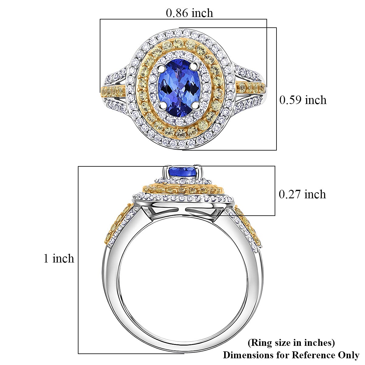 D'Joy Tanzanite and Multi Gemstone 1.70 ctw Nature Luxe Halo Ring in 18K Vermeil Yellow Gold and Rhodium Over Sterling Silver (Size 7.0)