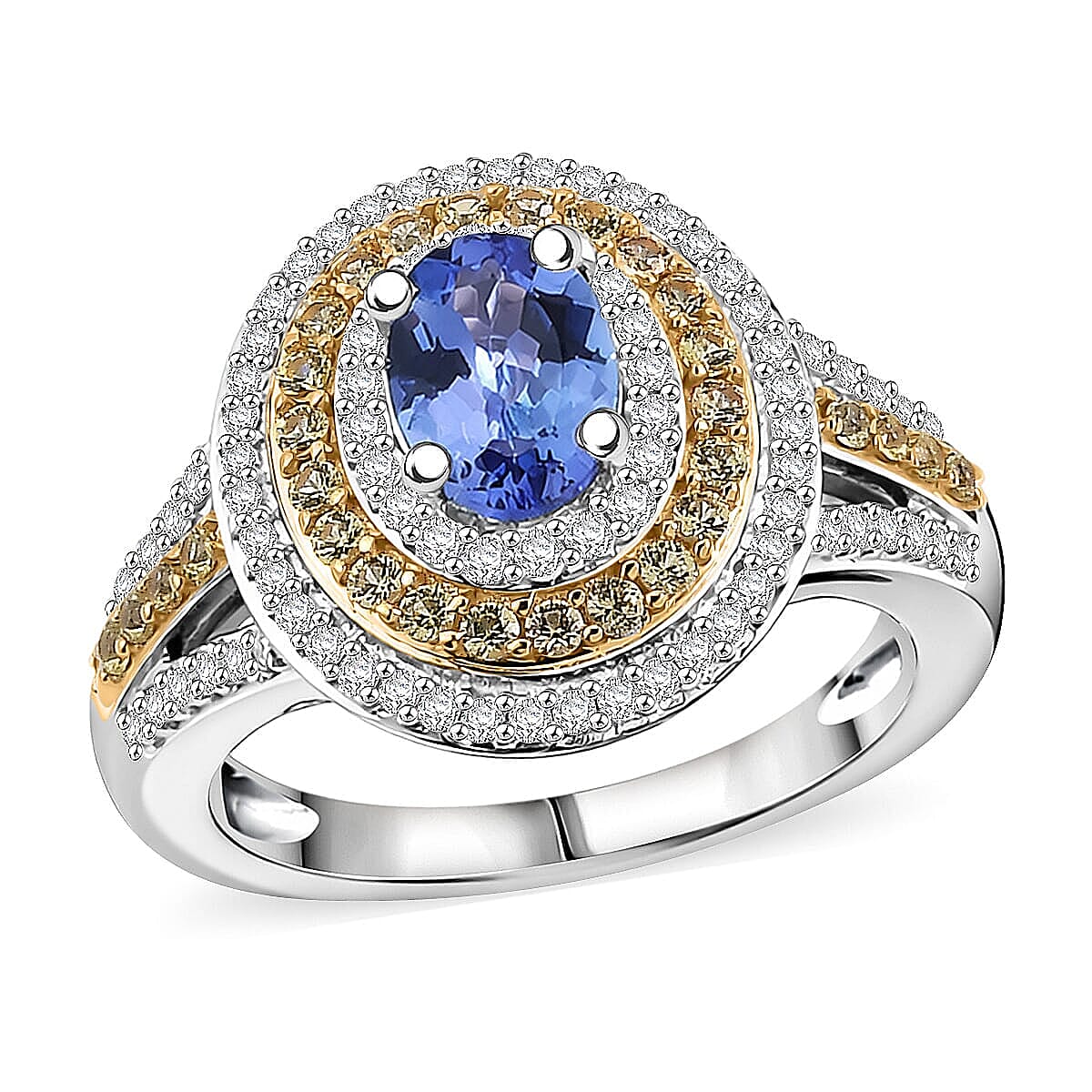 D'Joy Tanzanite, Multi Gemstone Nature Luxe Halo Ring in 18K Vermeil YG and Rhodium Over Sterling Silver (Size 6.0) 1.50 ctw