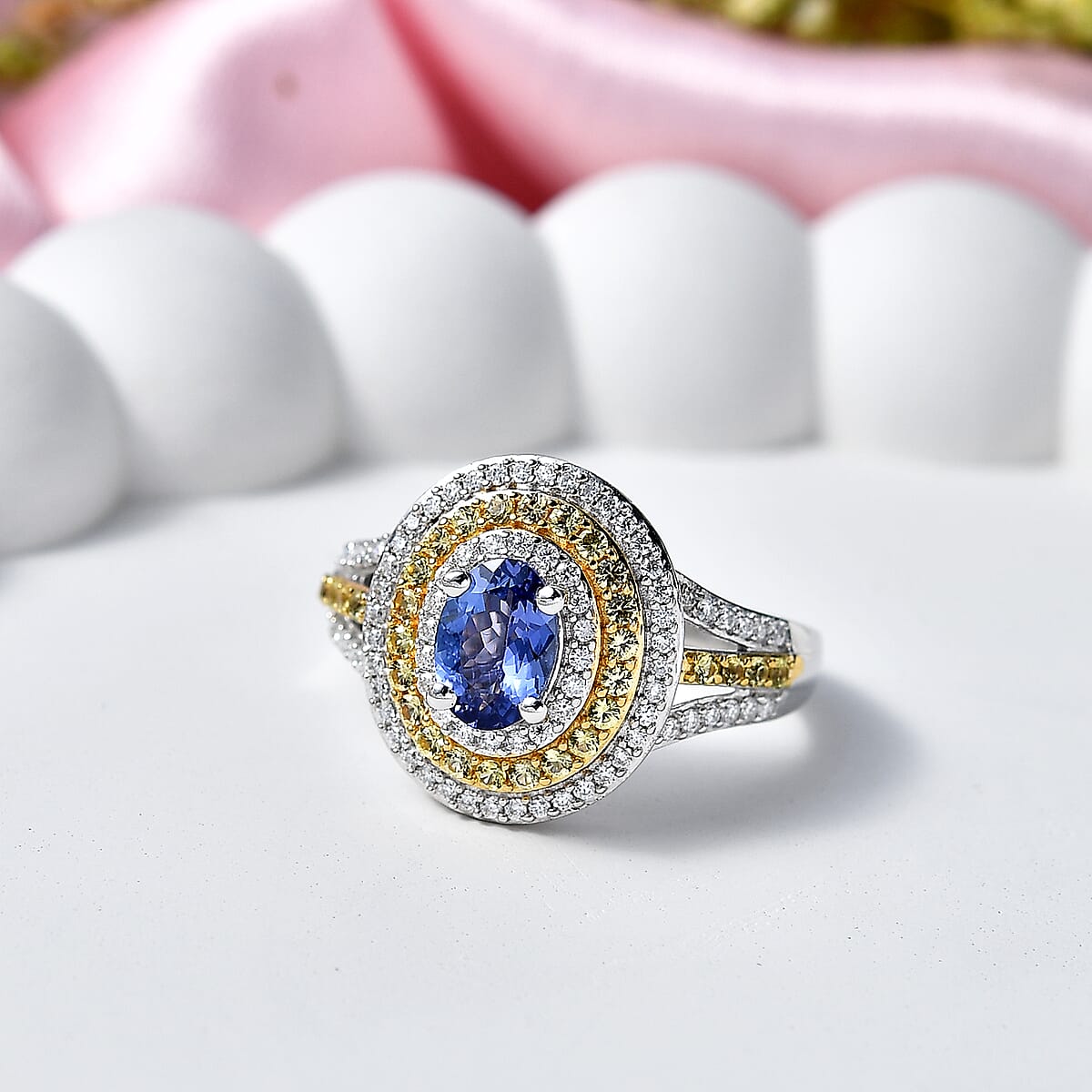 D'Joy Tanzanite and Multi Gemstone 1.70 ctw Nature Luxe Halo Ring in 18K Vermeil Yellow Gold and Rhodium Over Sterling Silver (Size 8.0) image number 1