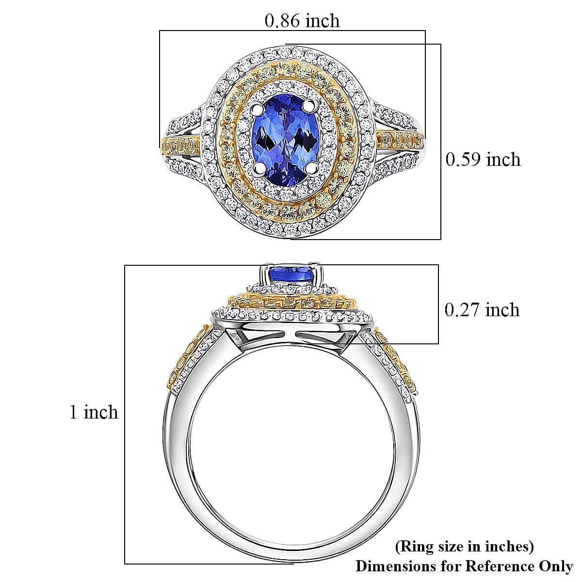 D'Joy Tanzanite and Multi Gemstone 1.70 ctw Nature Luxe Halo Ring in 18K Vermeil Yellow Gold and Rhodium Over Sterling Silver (Size 8.0)