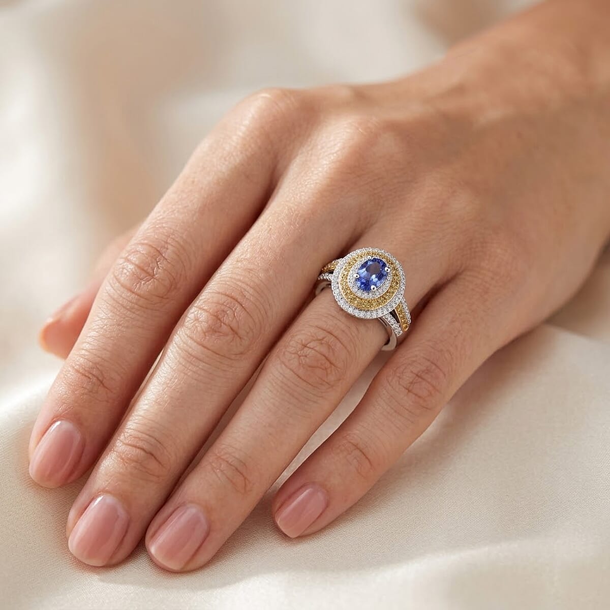 D'Joy Tanzanite and Multi Gemstone 1.70 ctw Nature Luxe Halo Ring in 18K Vermeil Yellow Gold and Rhodium Over Sterling Silver (Size 9.0) image number 2