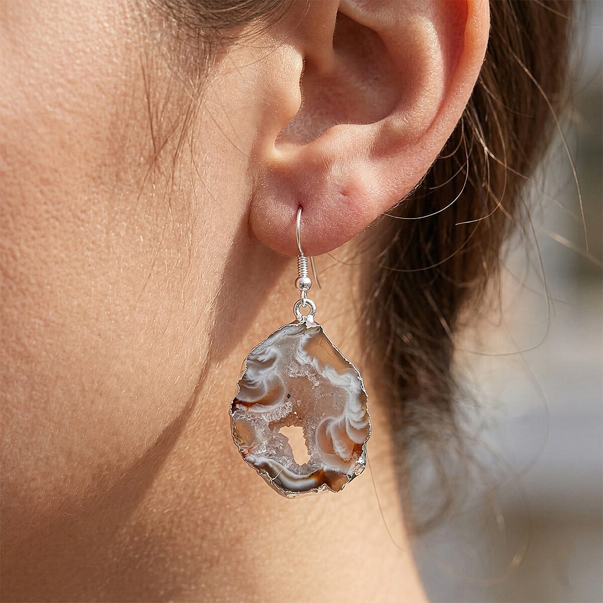Slice Geode Quartz 20.00 ctw Earrings in Silvertone image number 2