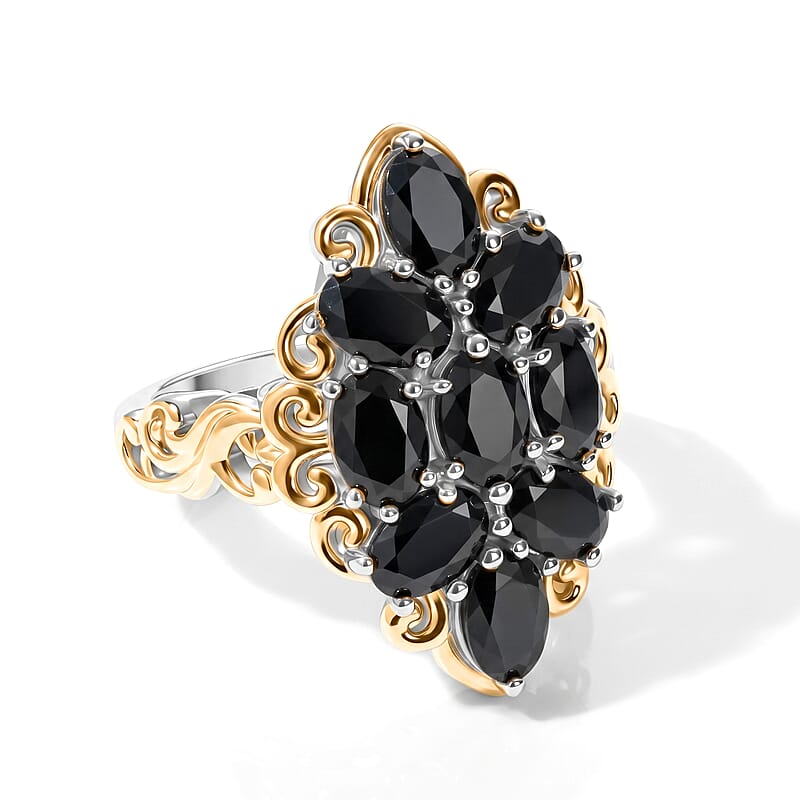 EverTrue Thai Black Spinel 5.65 ctw Cluster Ring in 18K YG Plated and Platinum Bond (Size 10.0)