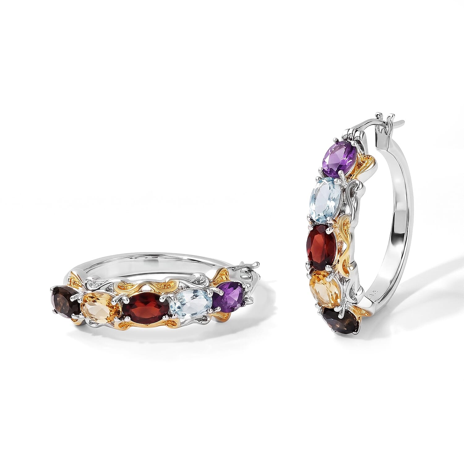 EverTrue Multi Gemstone 4.90 ctw Hoop Earrings in 18K YG Plated and Platinum Bond