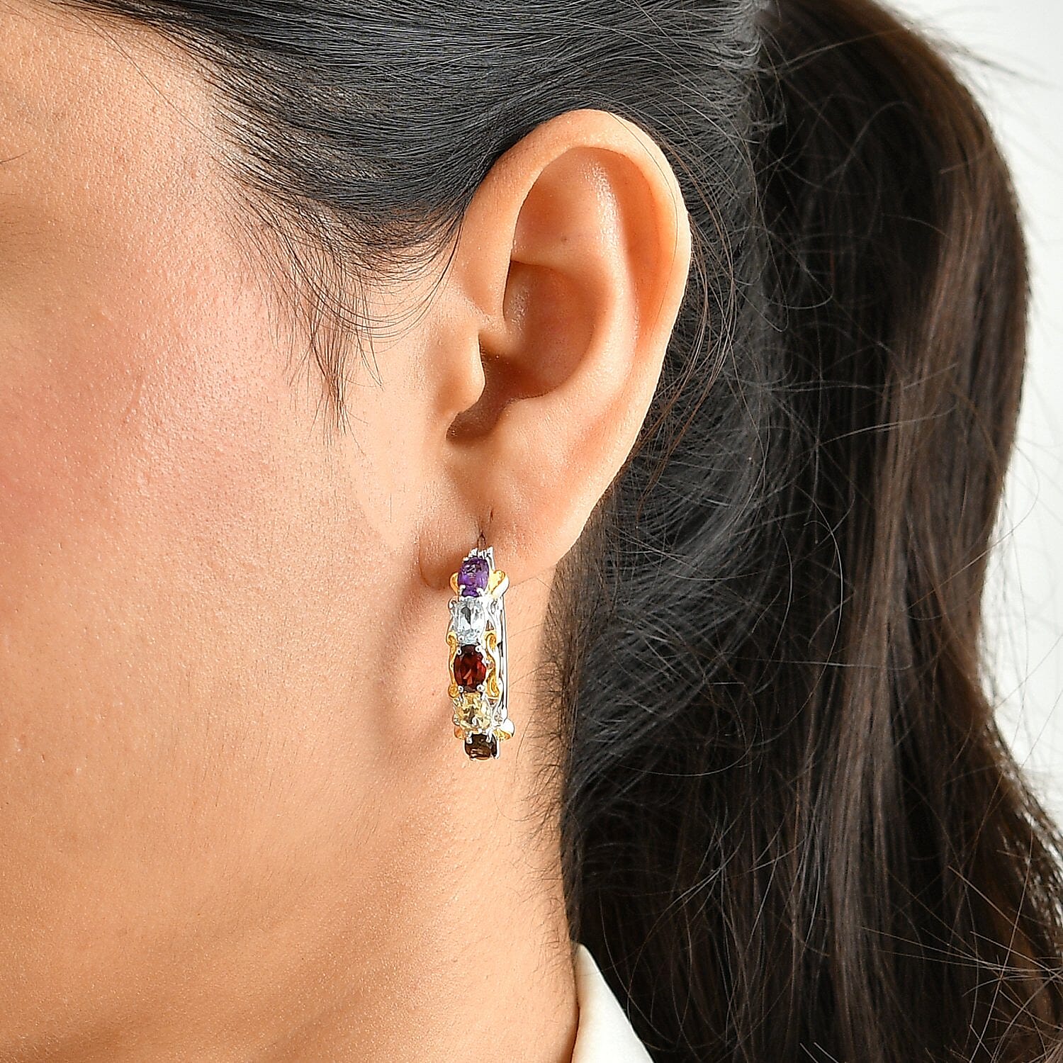 EverTrue Multi Gemstone 4.90 ctw Hoop Earrings in 18K YG Plated and Platinum Bond