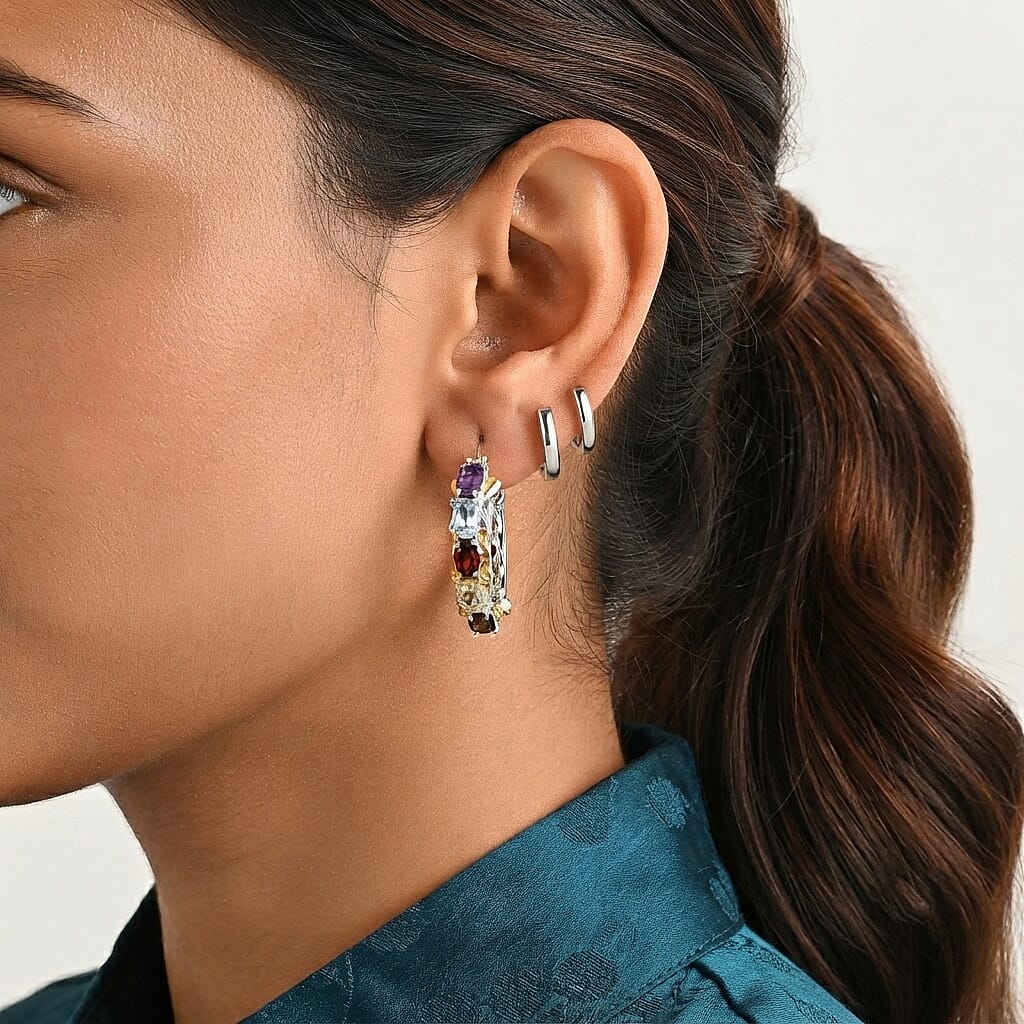 EverTrue Multi Gemstone 4.90 ctw Hoop Earrings in 18K YG Plated and Platinum Bond