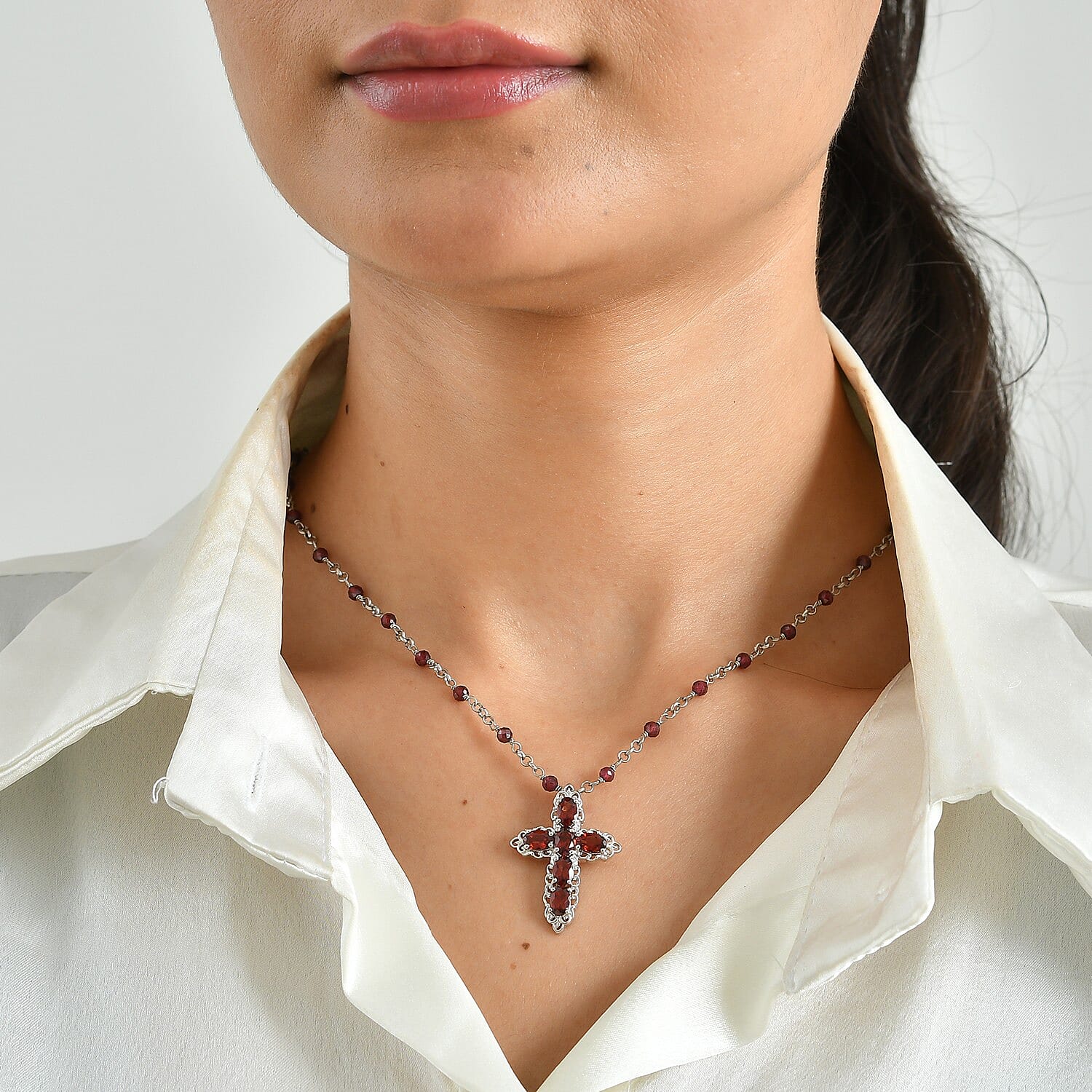 EverTrue Mozambique Garnet 9.10 ctw Filigree Cross Necklace in Platinum Bond 18 Inches
