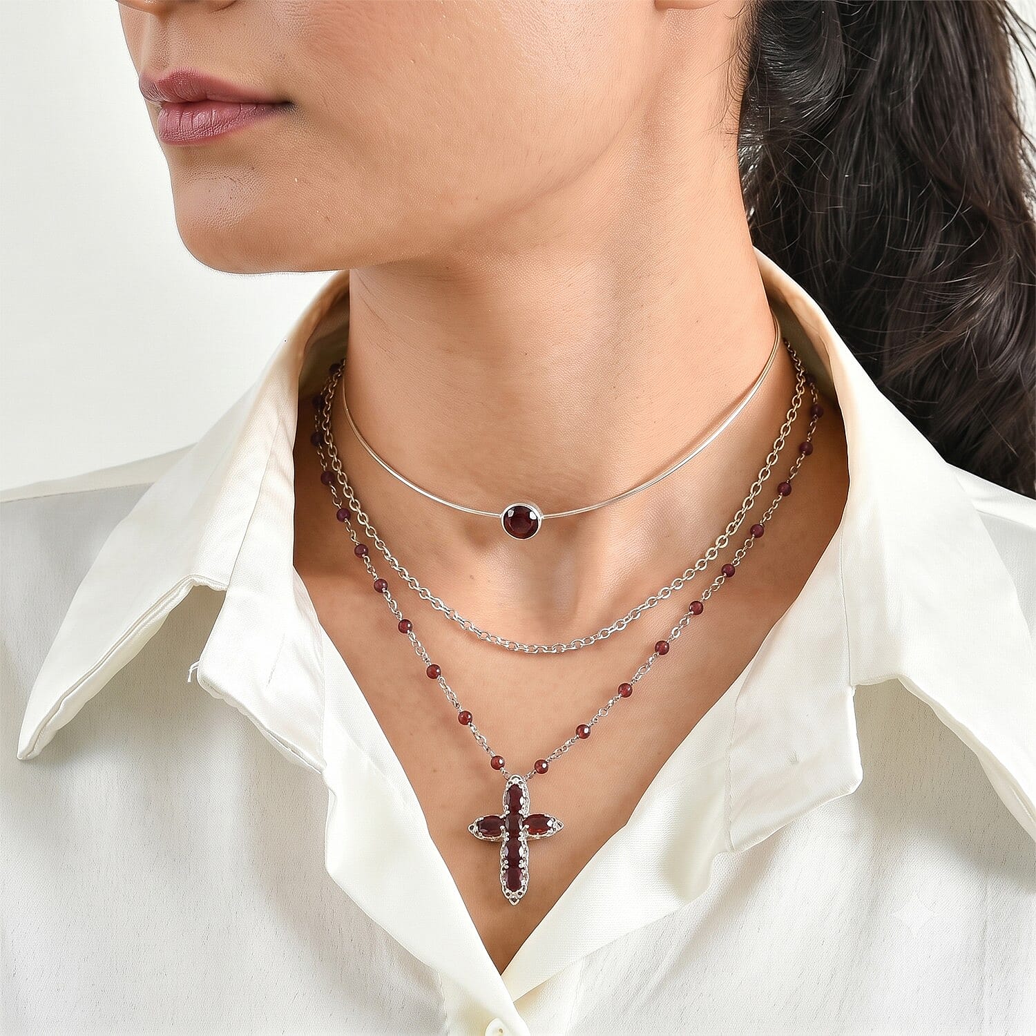 EverTrue Mozambique Garnet 9.10 ctw Filigree Cross Necklace in Platinum Bond 18 Inches