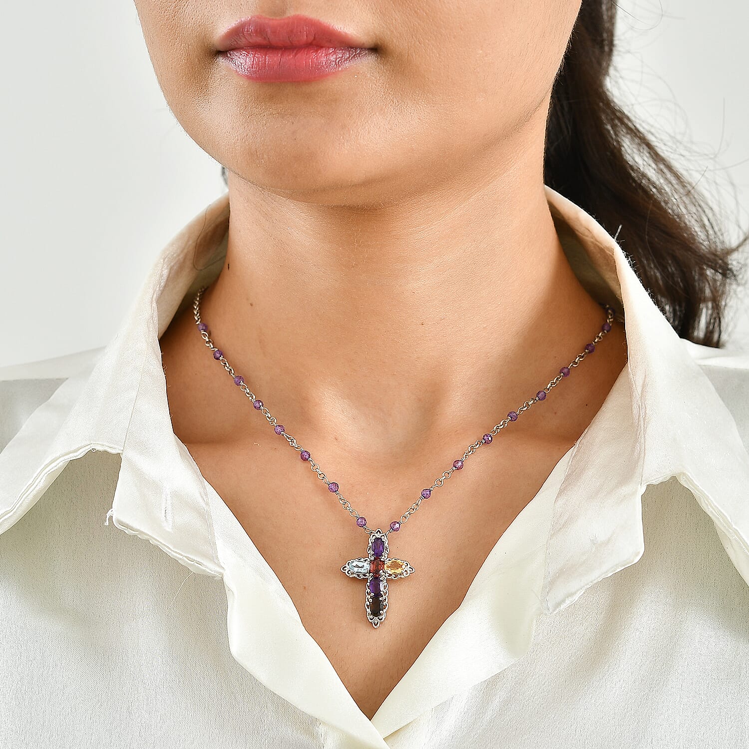 EverTrue Multi Gemstone 6.85 ctw Necklace (18 Inches) in Platinum Bond