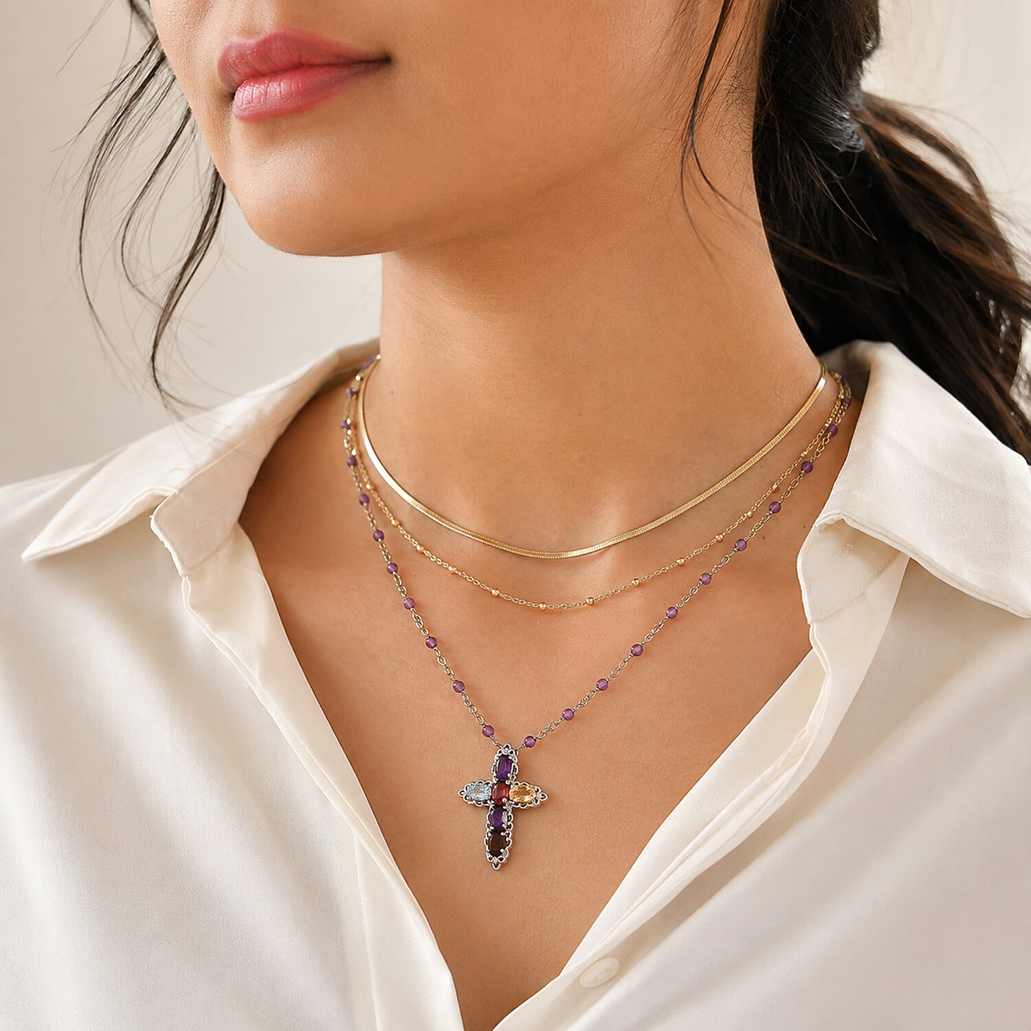 EverTrue Multi Gemstone 6.85 ctw Necklace (18 Inches) in Platinum Bond