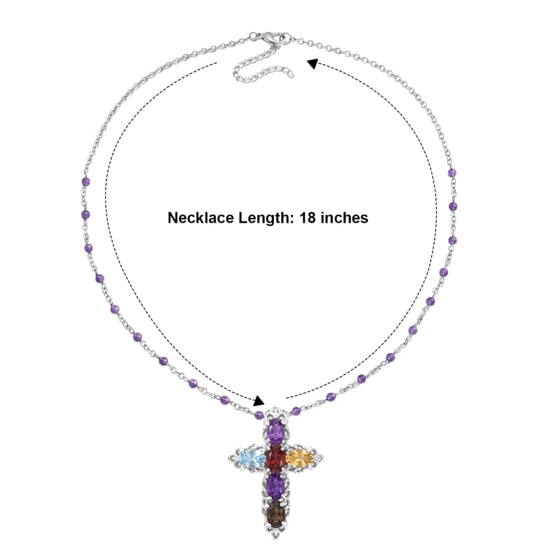 EverTrue Multi Gemstone 6.85 ctw Filigree Cross Necklace (18 Inches) in Platinum Bond