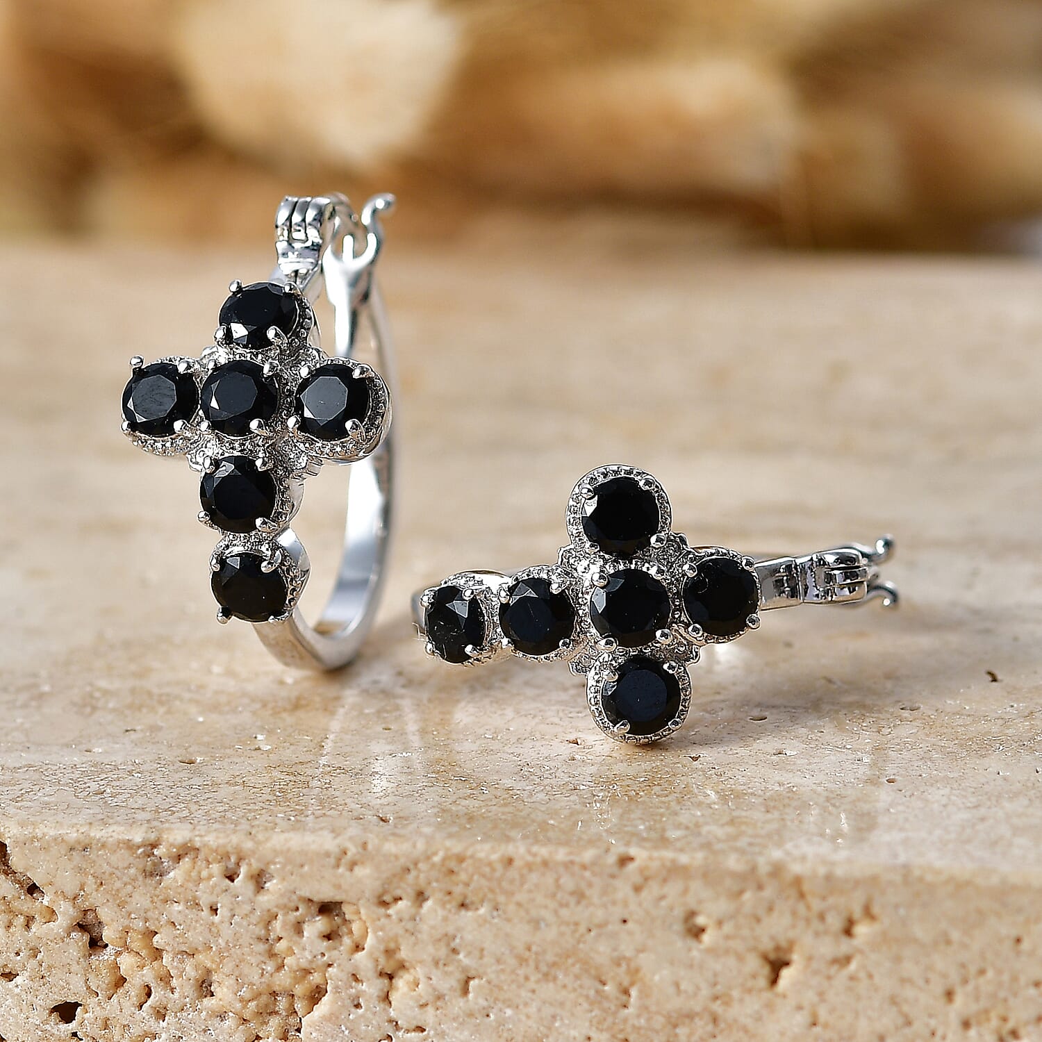 EverTrue Thai Black Spinel 2.50 ctw Hoop Earrings in Platinum Bond