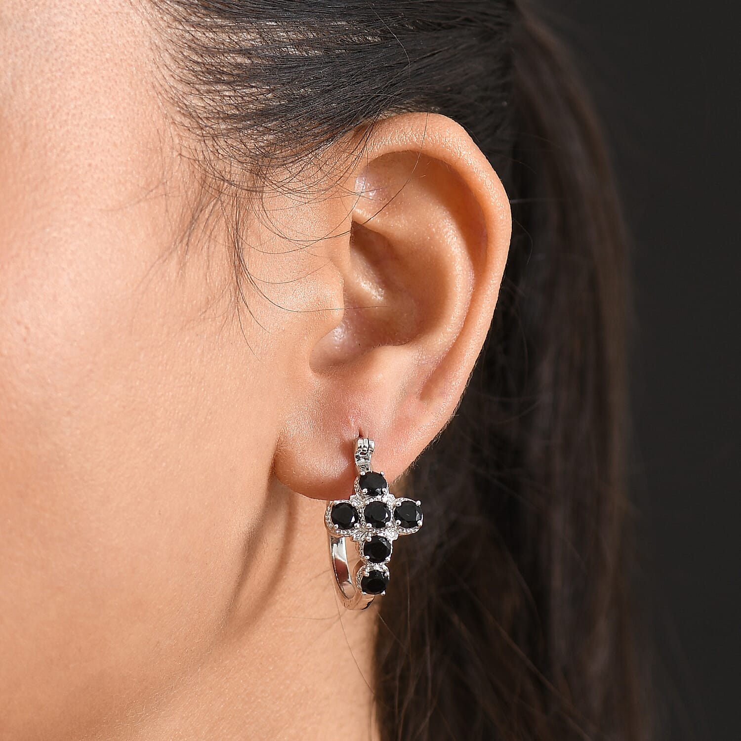 EverTrue Thai Black Spinel 2.50 ctw Hoop Earrings in Platinum Bond