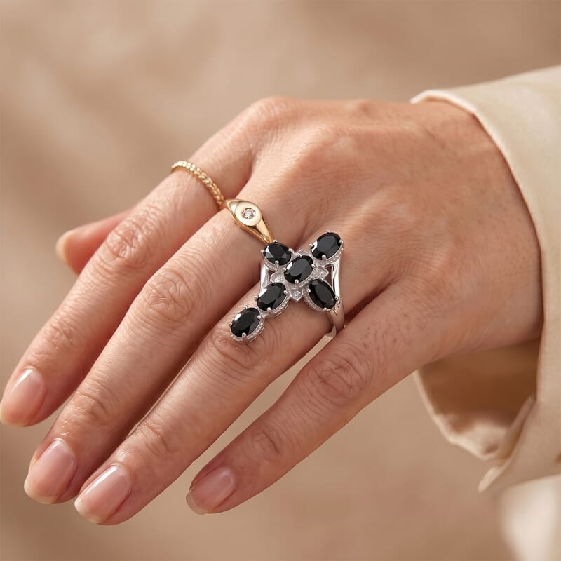 EverTrue Thai Black Spinel 3.75 ctw Cross Bypass Ring in Platinum Bond (Size 5.0)