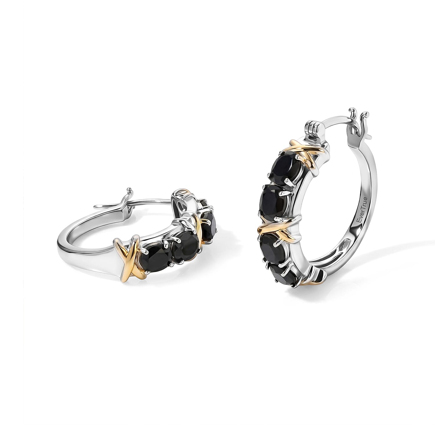 EverTrue Thai Black Spinel 3.90 ctw Hoop Earrings 18K YG Plated and Platinum Bond