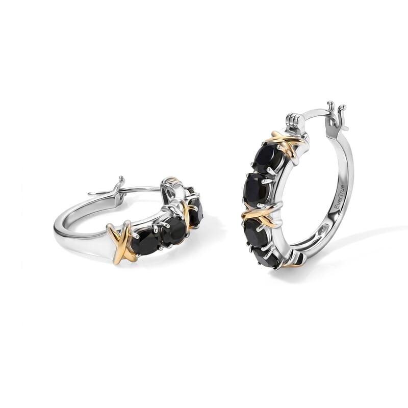 EverTrue Thai Black Spinel 3.90 ctw Hoop Earrings 18K YG Plated and Platinum Bond