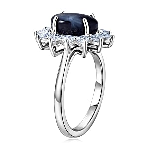 D'Joy Premium Blue Star Sapphire (DF) and Moissanite 7.65 ctw Midnight Blossom Ring in Rhodium Over Sterling Silver (Size 10.0)