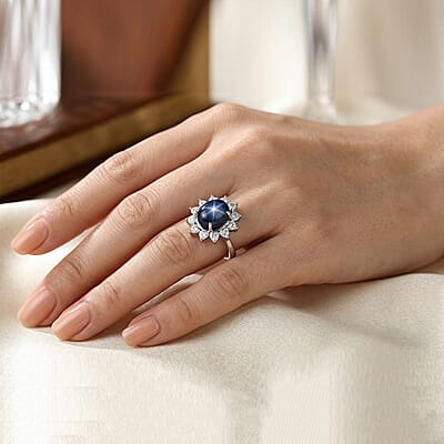 D'Joy Premium Blue Star Sapphire (DF) and Moissanite 7.65 ctw Midnight Blossom Ring in Rhodium Over Sterling Silver (Size 6.0)