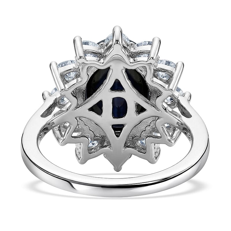 D'Joy Premium Blue Star Sapphire (DF) and Moissanite 7.65 ctw Midnight Blossom Ring in Rhodium Over Sterling Silver (Size 6.0)