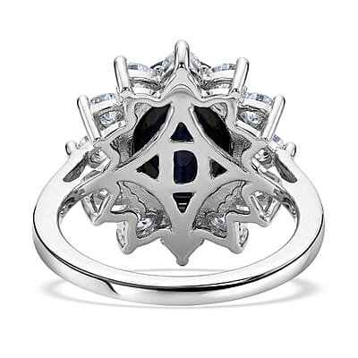 D'Joy Premium Blue Star Sapphire (DF) and Moissanite 7.65 ctw Midnight Blossom Ring in Rhodium Over Sterling Silver (Size 7.0)