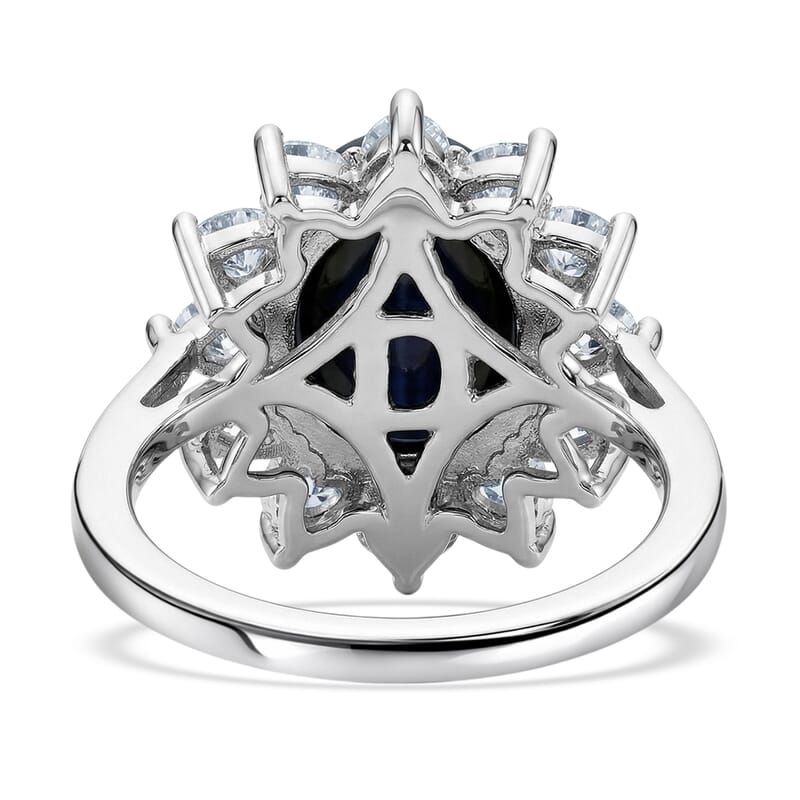 D'Joy Premium Blue Star Sapphire (DF) and Moissanite 7.65 ctw Midnight Blossom Ring in Rhodium Over Sterling Silver (Size 7.0)