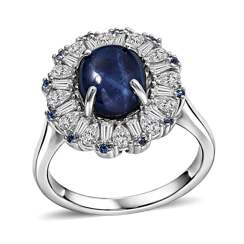 D'Joy Premium Blue Star Sapphire (DF) and Multi Gemstone 5.80 ctw Midnight Radiance ring in Rhodium Over Sterling Silver (Size 10.0)