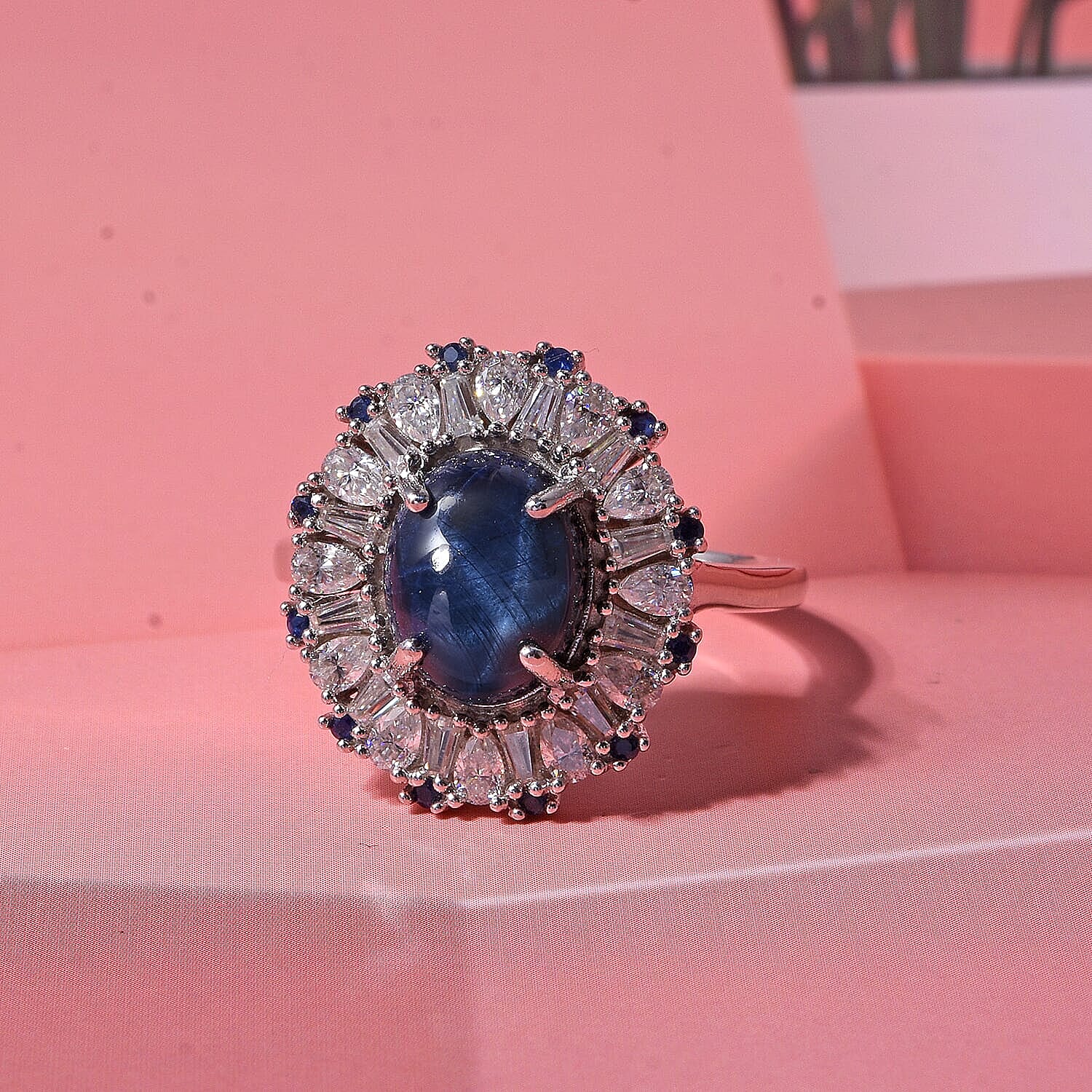 D'Joy Premium Blue Star Sapphire (DF) and Multi Gemstone 5.80 ctw Midnight Radiance ring in Rhodium Over Sterling Silver (Size 10.0)