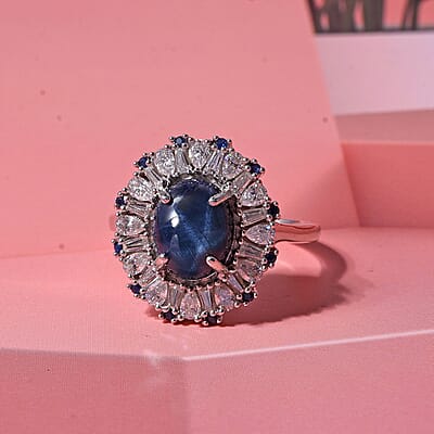 D'Joy Premium Blue Star Sapphire (DF), Multi Gemstone Ring in Rhodium Over Sterling Silver (Size 11.0) 5.80 ctw