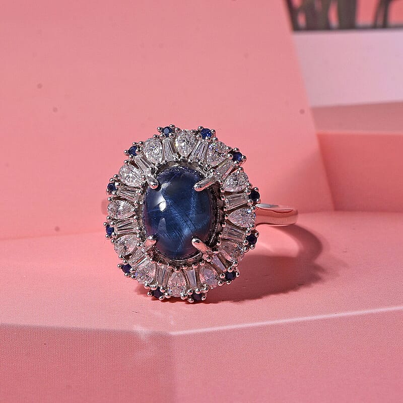 D'Joy Premium Blue Star Sapphire (DF), Multi Gemstone Ring in Rhodium Over Sterling Silver (Size 11.0) 5.80 ctw