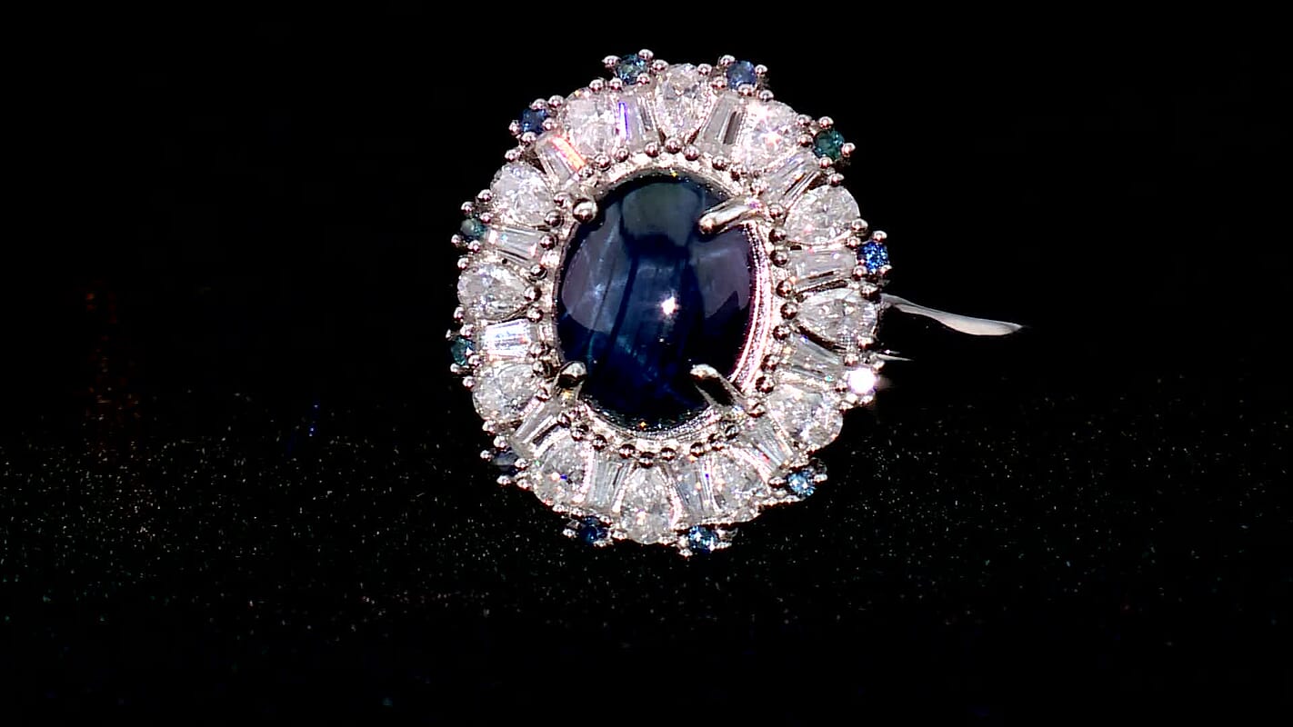D'Joy Premium Blue Star Sapphire (DF) and Multi Gemstone 5.80 ctw Ring in Rhodium Over Sterling Silver (Size 7.0)