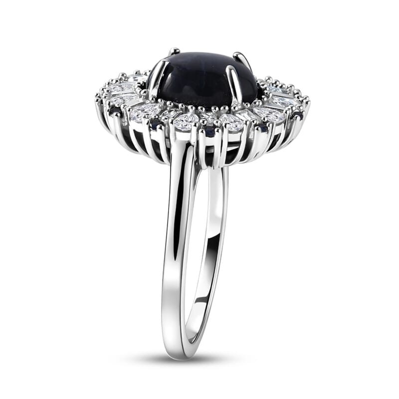 D'Joy Premium Blue Star Sapphire (DF) and Multi Gemstone 5.80 ctw Midnight Radiance ring in Rhodium Over Sterling Silver (Size 7.0)
