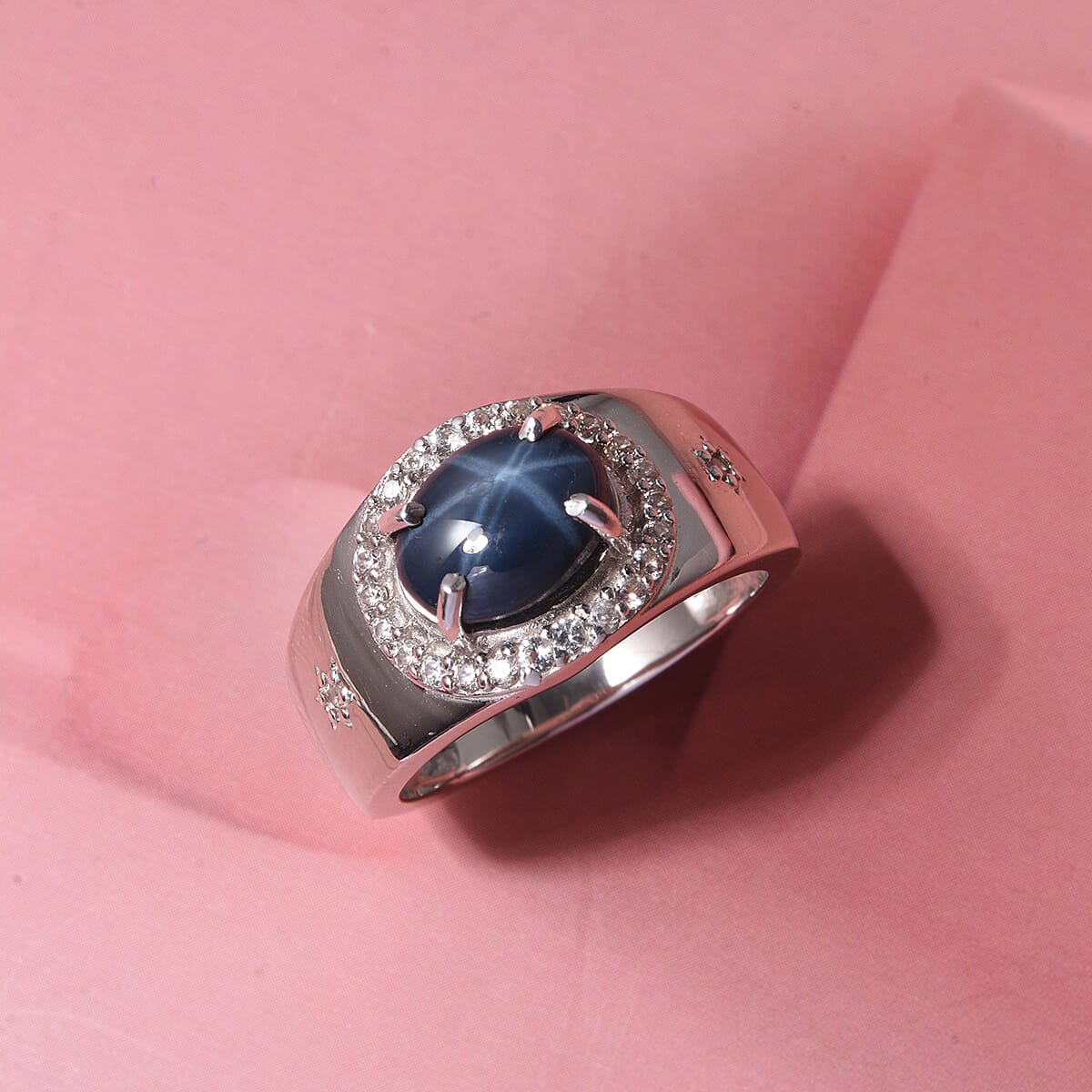 D'Joy Premium Blue Star Sapphire (DF) and White Zircon 3.65 ctw Men's Ring in Rhodium Over Sterling Silver (Size 10.0) image number 1