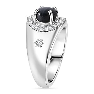 D'Joy Premium Blue Star Sapphire (DF) and White Zircon 3.65 ctw Men's Ring in Rhodium Over Sterling Silver (Size 10.0)