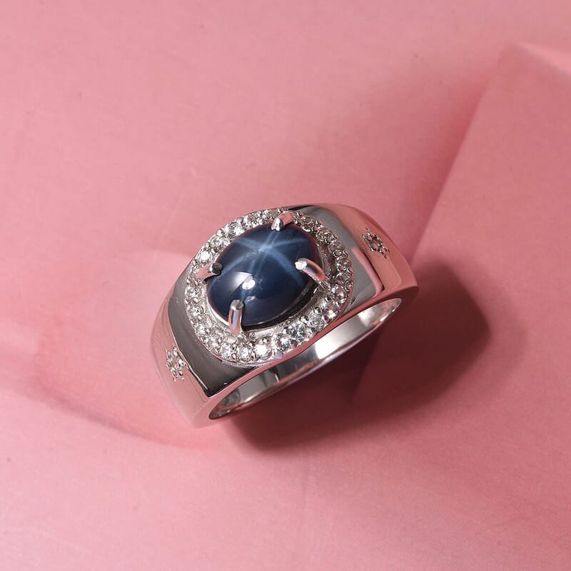 D'Joy Premium Blue Star Sapphire (DF) and White Zircon 3.65 ctw Men's Ring in Rhodium Over Sterling Silver (Size 6.0)