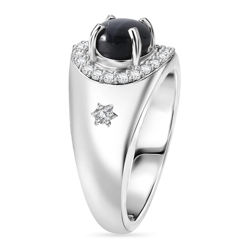 D'Joy Premium Blue Star Sapphire (DF) and White Zircon 3.65 ctw Men's Ring in Rhodium Over Sterling Silver (Size 6.0)